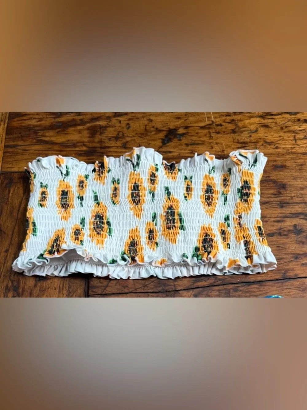 Zaful White Sunflower Smocked Bandeau Bikini Top - Yellow & Green